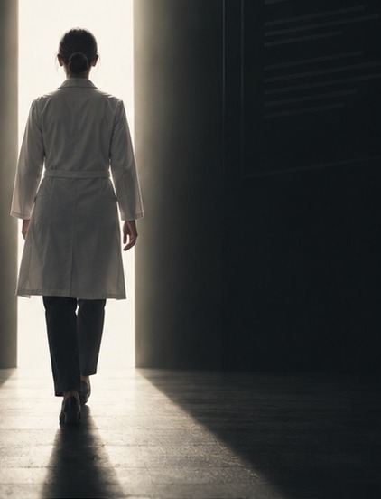 A physician walking toward an open doorway of light.